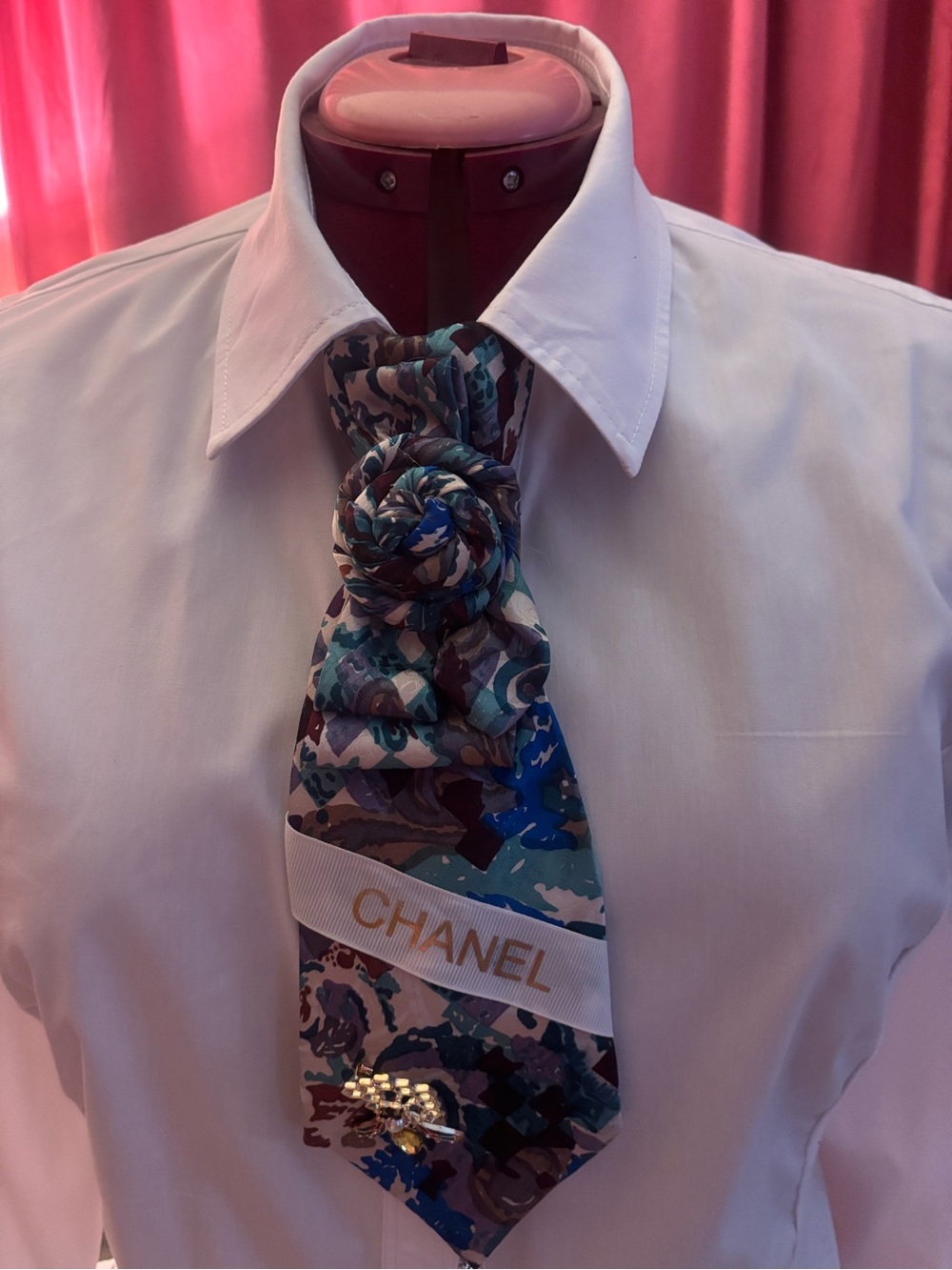 CHANEL Blue Teal Multi Floral Silk Tie with Rosette